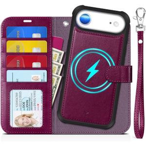 TUCCH Detachable Case Wallet for iPhone Air (6.5") 2025, Wrist Strap | 4 Card Slots RFID Blocking | Wireless Charging | Stand | 2-in-1 Magnetic | PU Leather | Shockproof Folio Cover | Plum Purple