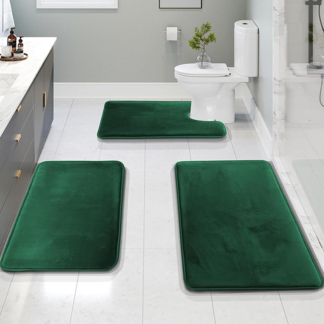 Clara Clark 3 Piece Bathroom Rugs Bath Mat Set, Velvet Memory Foam Bath Mats for Bathroom - Non-Slip, PVC Backing Bath Rugs, Washable - Dries Quickly, Green