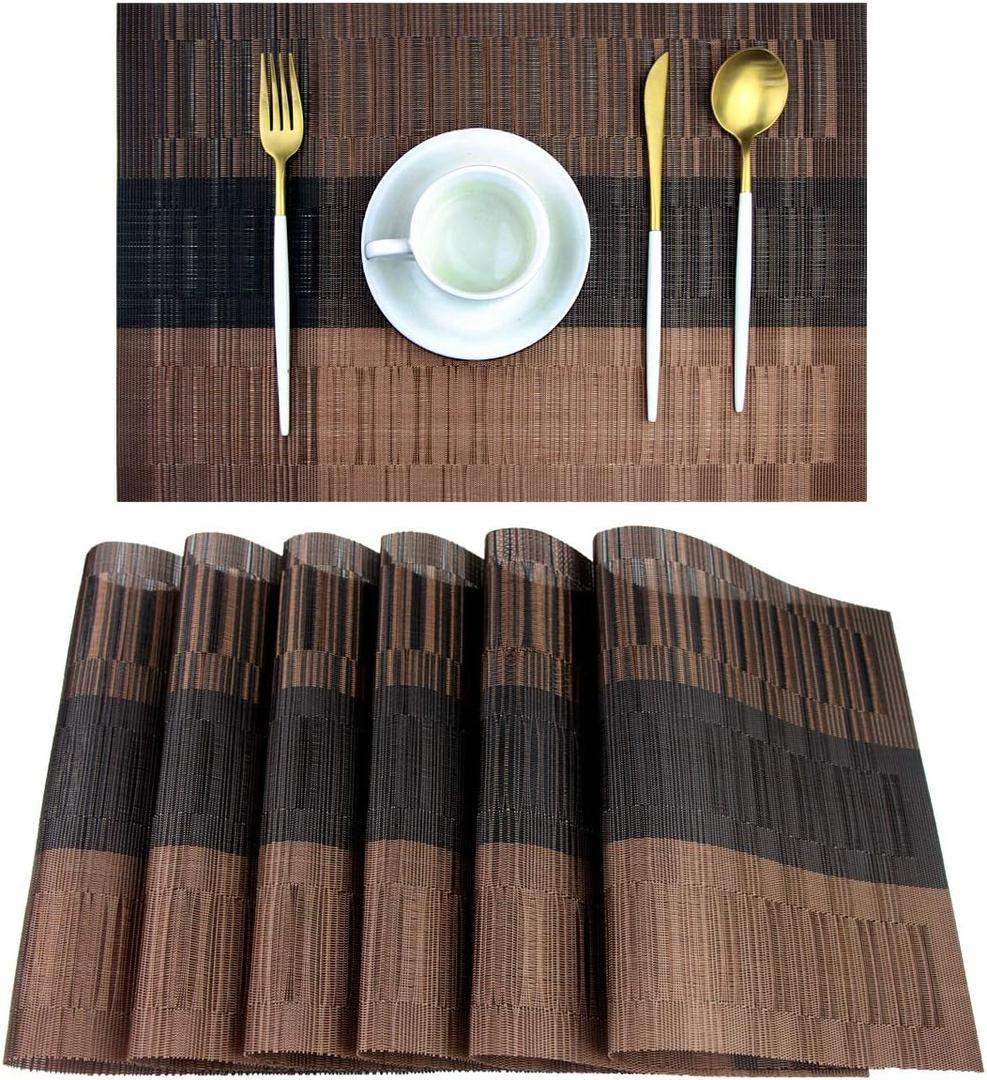 PIGCHCY Placemats,Washable Vinyl Woven Table Mats,Elegant Durable Placemats for Dining Table Set of 6 (Bamboo-Brown)