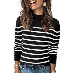 Qirno Women's Turtleneck Long Sleeve Striped Tops Mock Neck Knitted Casual Pullover Sweaters Shirts Black and White Striped Medium