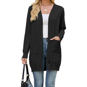 Cardigan Sweaters for Women Lightweight Long Open Front Casual Knit with Pockets Loose Fit Fall Winter Outfits 2025 (Black)