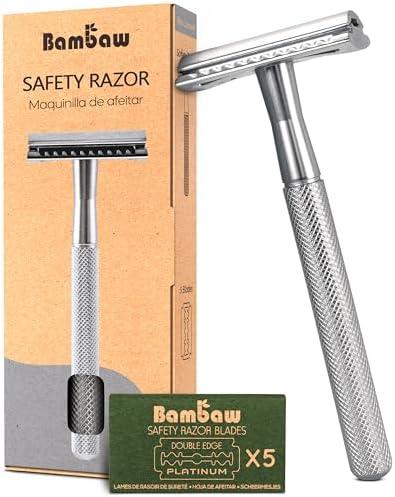 Bambaw Double Edge Safety Razor for Men & Women, Metal Razor with 5 Double Edge Safety Razor Blades, Eco-Friendly Razor – Silver