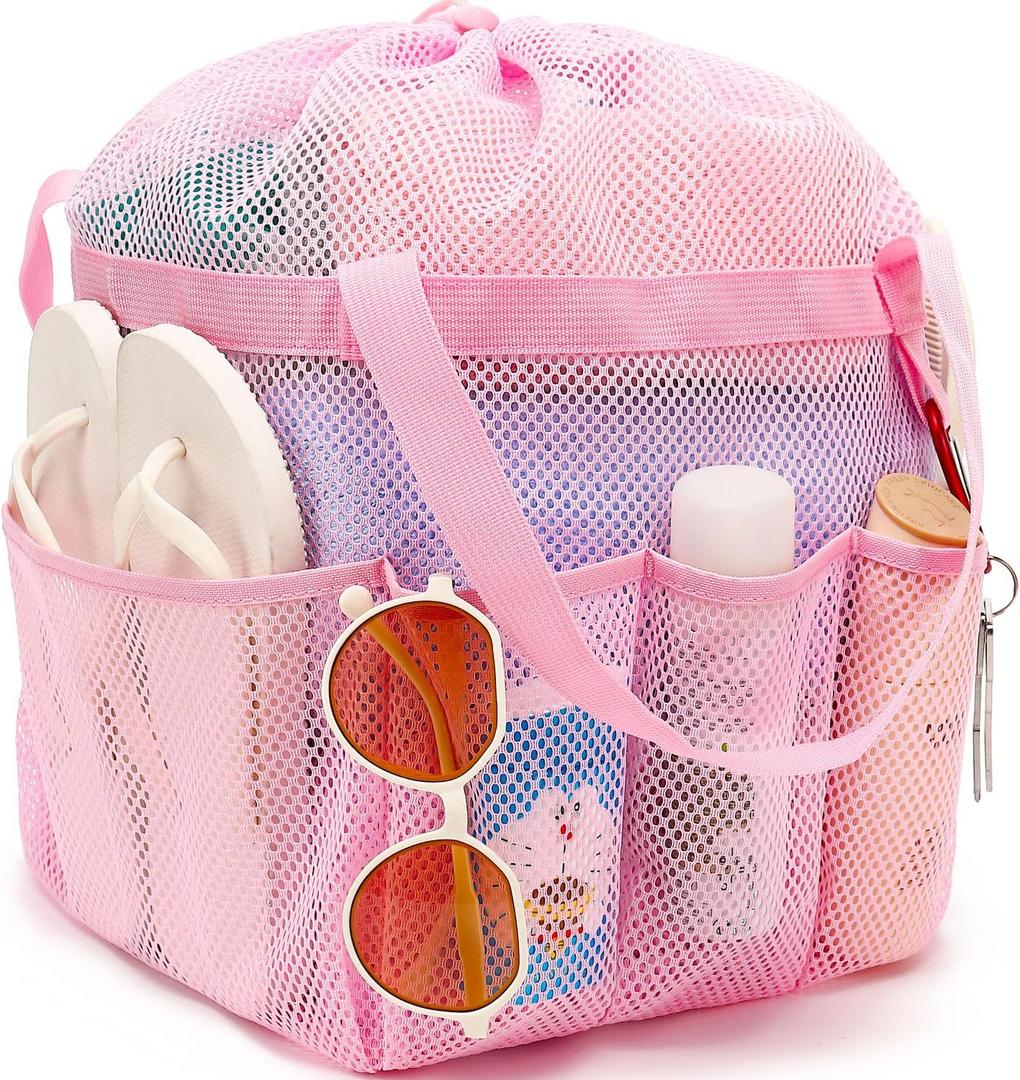 Fammart Mesh Shower Caddy Portable with Drawstring, Dorm Room Essentials for College Girls Guys, 8-Pocket Extra Large Shower Bag Basket Tote for Camping Beach Gym Travel Toiletry Bathroom (Extra Large, Drawstring Closure - Pink)