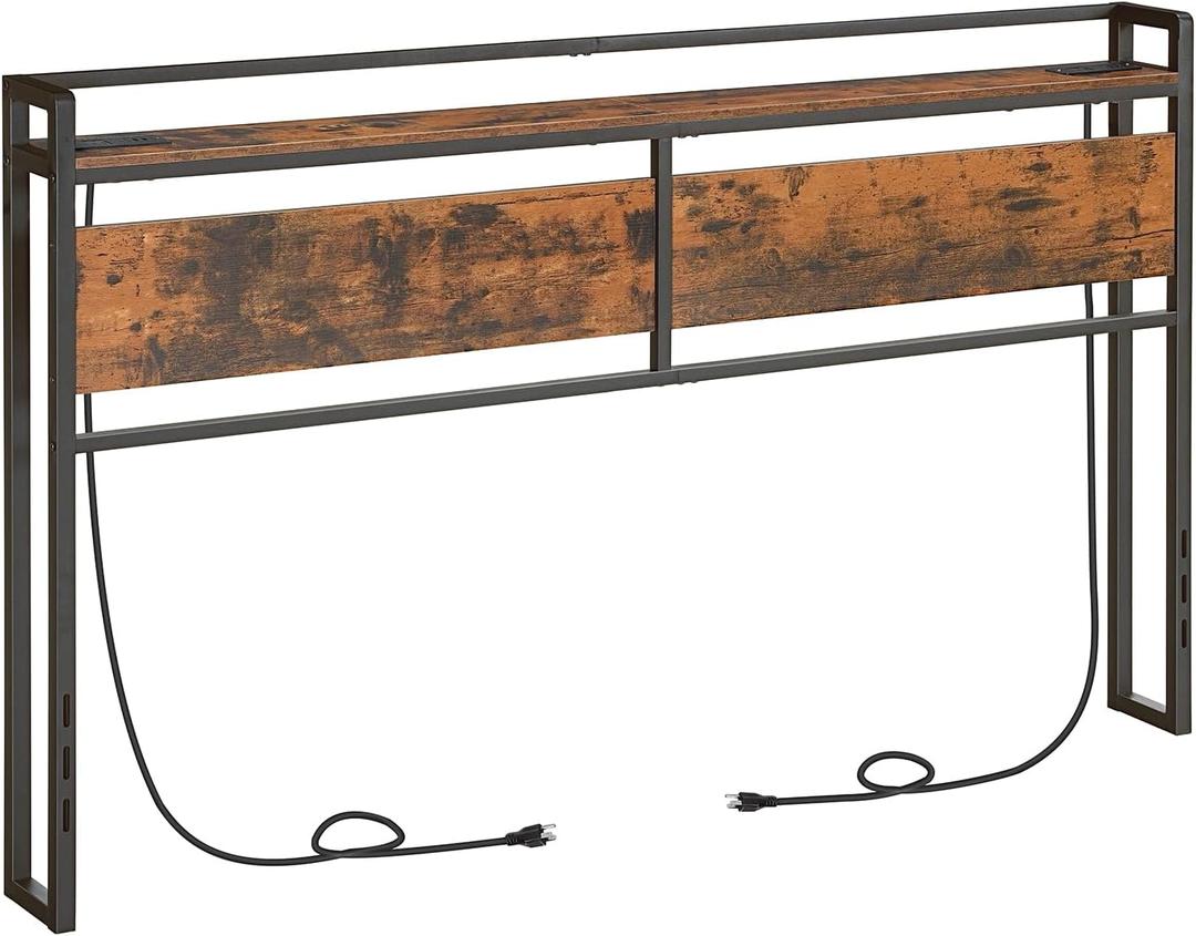 HOOBRO King Size Headboard, Headboard with 2 Outlets and 4 USB Ports, Adjustable Height, Storage Rack, Sturdy and Stable, Easy Assembly, Rustic Brown and Black