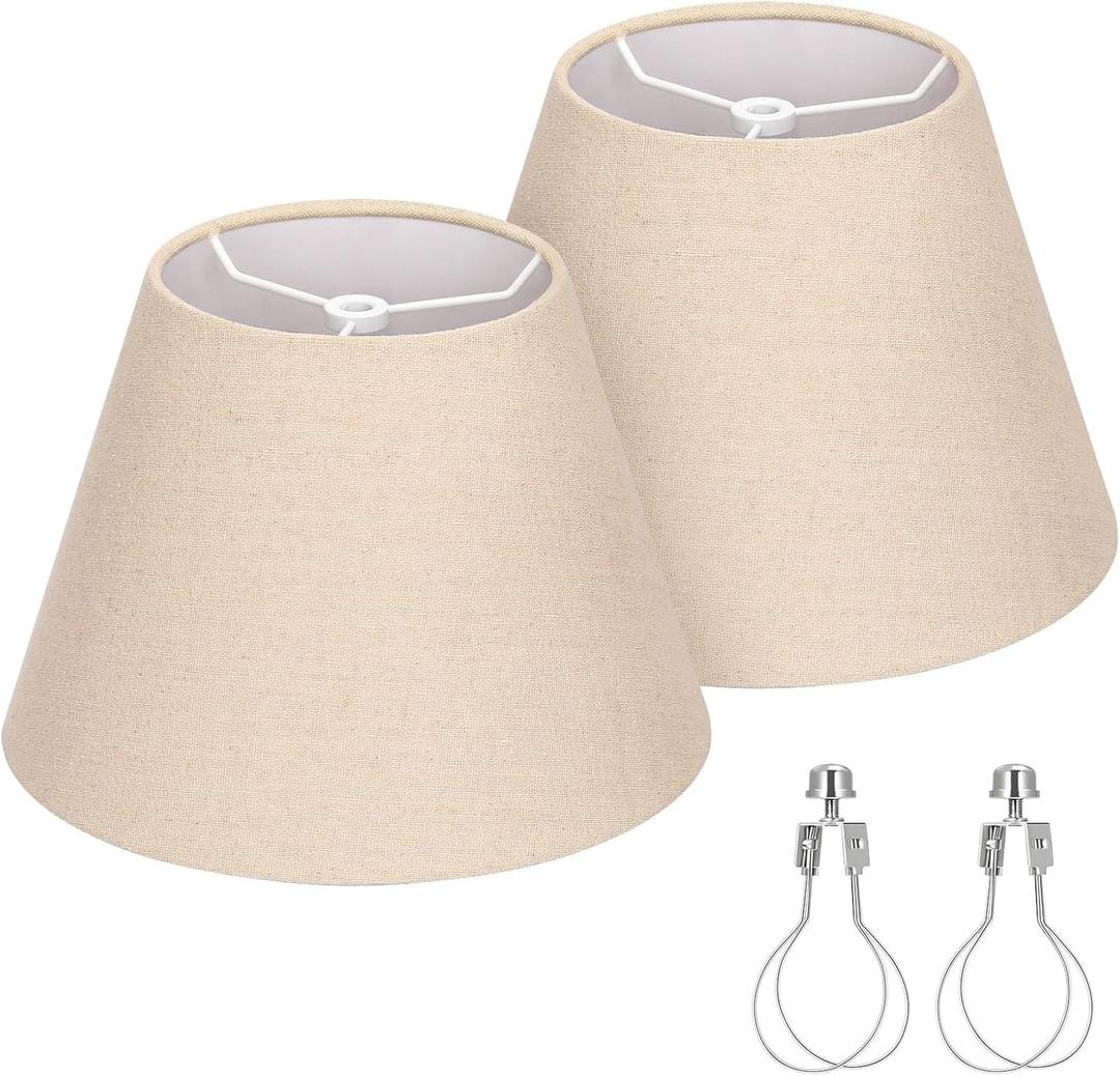 Seaside village Small Lamp Shades for Table Lamp, Natural Linen Lamp Shades Set of 2, 5.5" Top x 10" Bottom x 6.6" High, Brown Burlap Lampshade Replacement, Spider, Bulb Clip Adapters Included