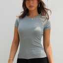 Dwnval Womens Basic Summer Short Sleeve Crewneck T Shirt Raglan Ribbed Knitted Slim Fit Casual Going Out Tops (Gray, L)
