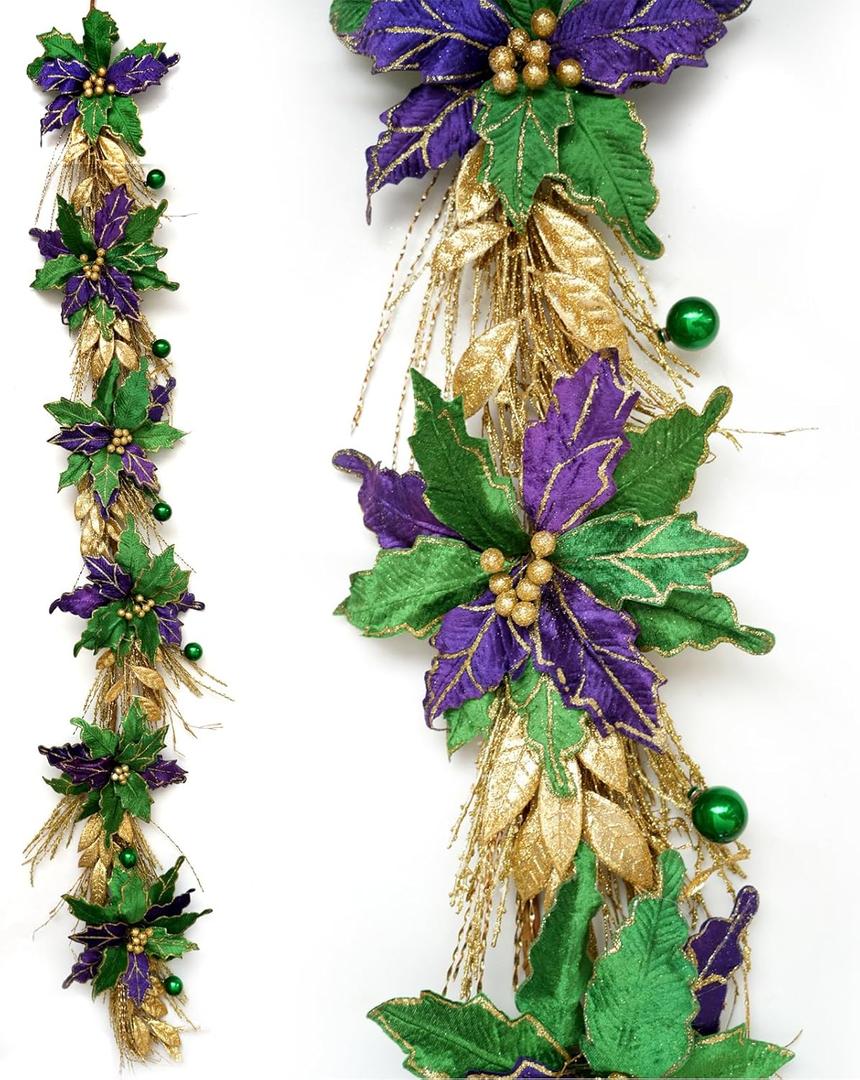 idyllic 6FT Mardi Gras Garland, Purple Gold Green Poinsettia Decor for Table Mantel Window Porch Staircase Wall Indoor Outdoor Home Decor (20 Inch)