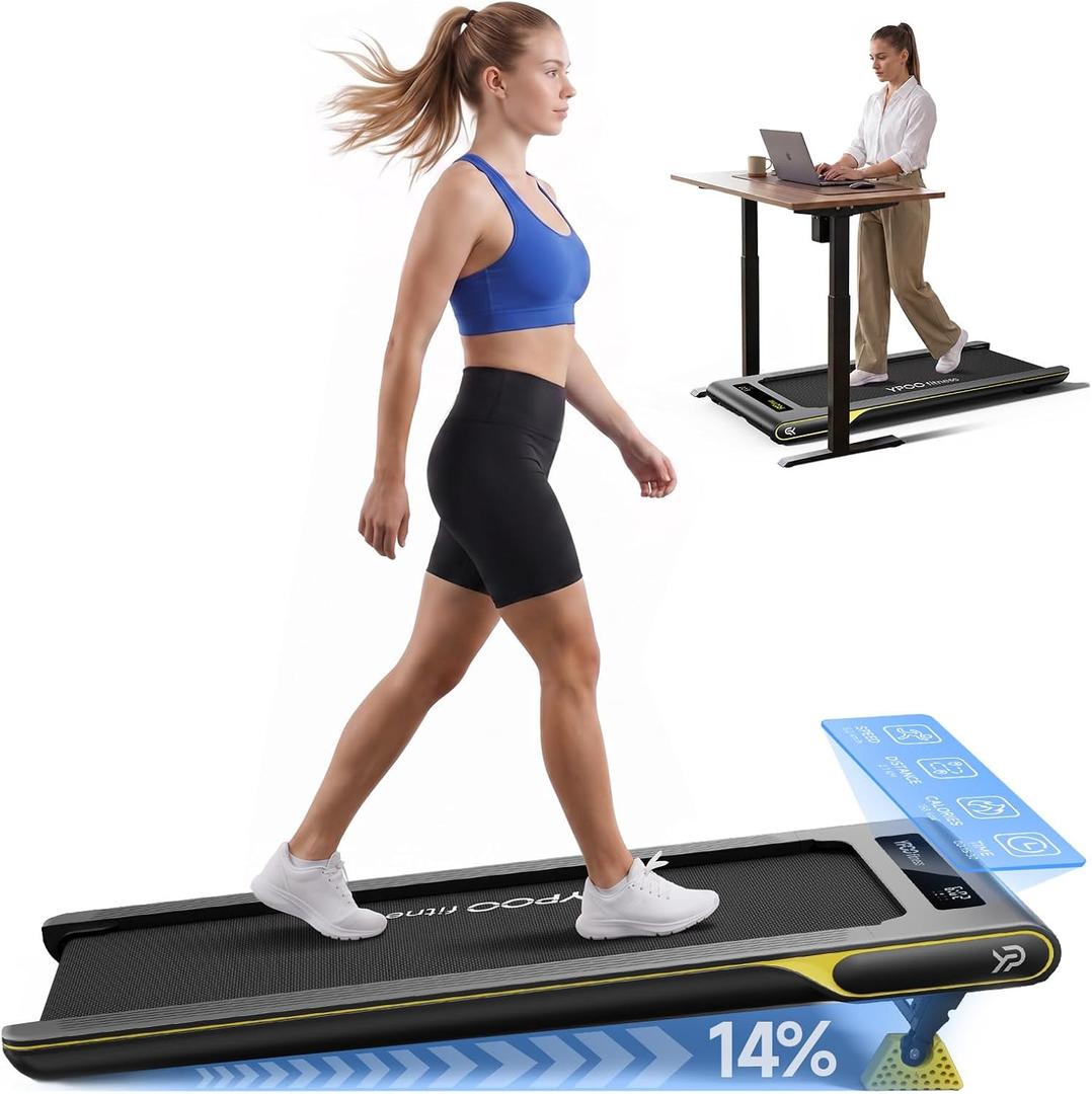 YPOO Walking Pad with 14% Incline Under Desk Treadmill for Home & Office, Black