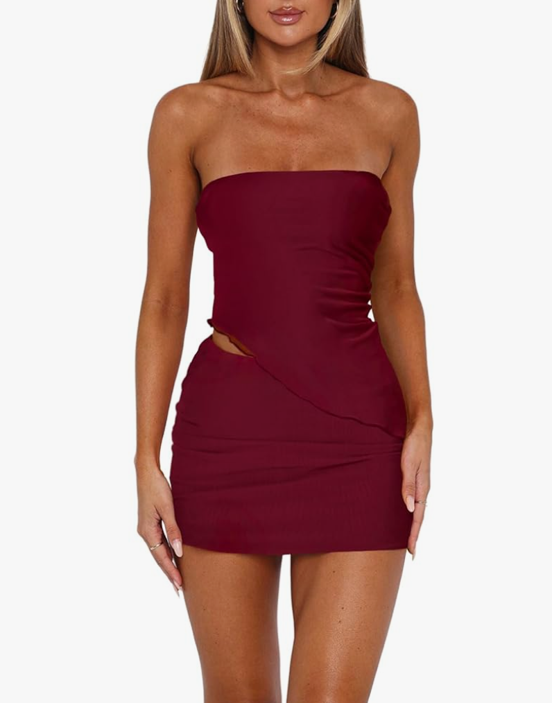 Two Piece Skirt Set for Women Summer Asymmetrical Mesh Strapless Tube Tops Mini Skirt Set Going Out Outfits, (Medium,Solid Wine Red)