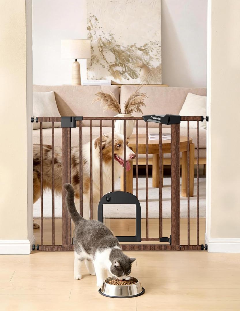 Babelio Baby Gate with Adjustable Cat Door, CatPrivilege III, 29-43" | Auto-Close, Pressure Mounted, Dual Lock, Durable Dog Gate For Stairs & Doorways, Keeps Pets Contained, Black Wood Pattern