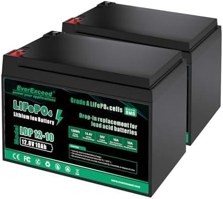 EverExceed 12V 10Ah LiFePO4 Battery Built-in 10A BMS, 3000+ Deep Cycles 12V Lithium Battery for Power Wheels, Fish Finder, Lawn Mower, Burglar Alarm System, Lighting, RV, 2 Pack
