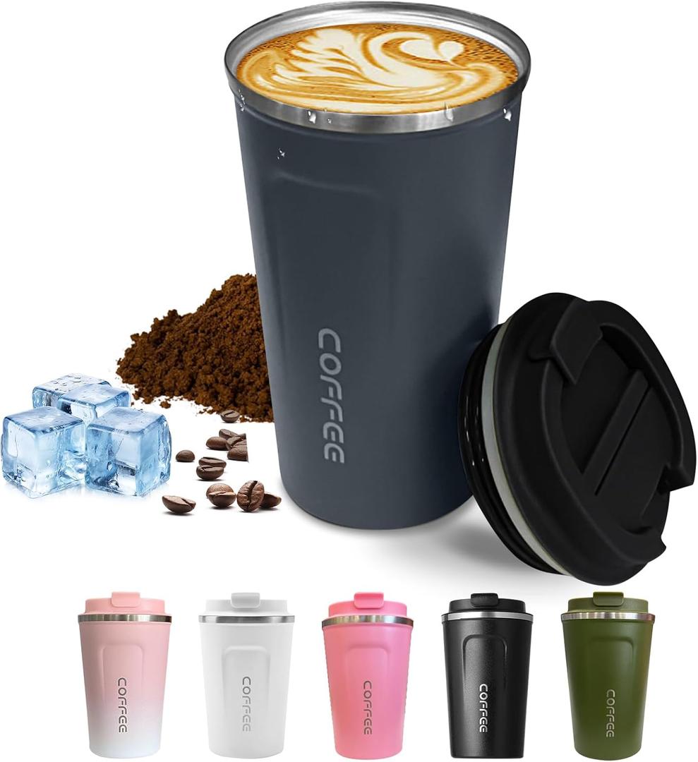 SPLMIFA Travel coffee mugs leak-proof, reusable coffee cups with lids, stainless steel vacuum insulated coffee tumblers, thermal insulation cups for men & women keep drinks hot & cold(2nd-Blue, 12OZ)