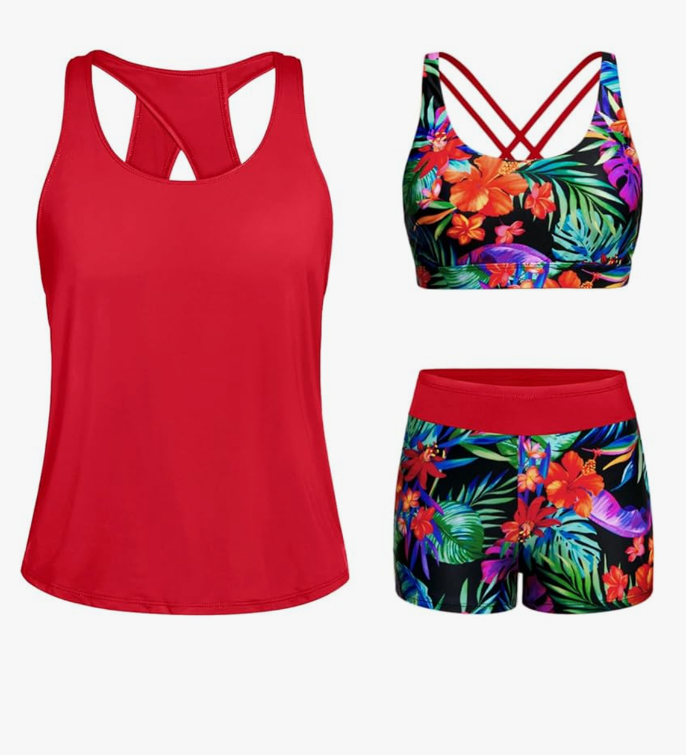 Tempt Me 3 Piece Tankini Swimsuits for Women Athletic Bathing Suits Swim Tank Top with Boy Shorts and Bra Modest Swimwear L