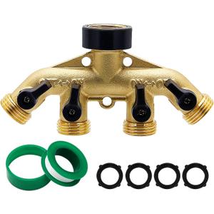 Biswing 4 Way Brass Hose Splitter, 3/4" Brass Hose Faucet Manifold, Garden Hose Adapter Connector, Hose Spigot Adapter with 4 Valves
