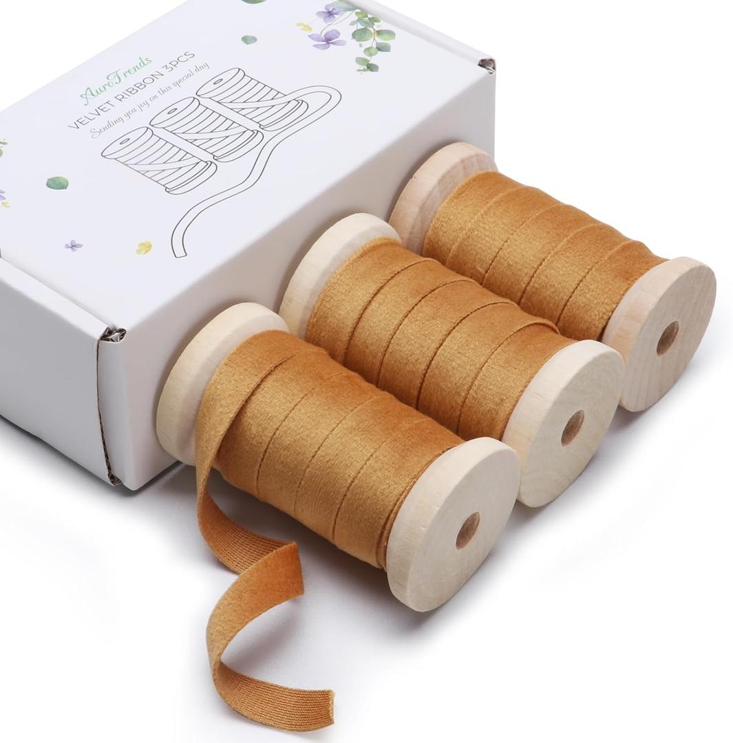 2 x AuroTrends Khaki Velvet Ribbon, 3/8" x 15Yd, 3 Rolls - Christmas Decoration