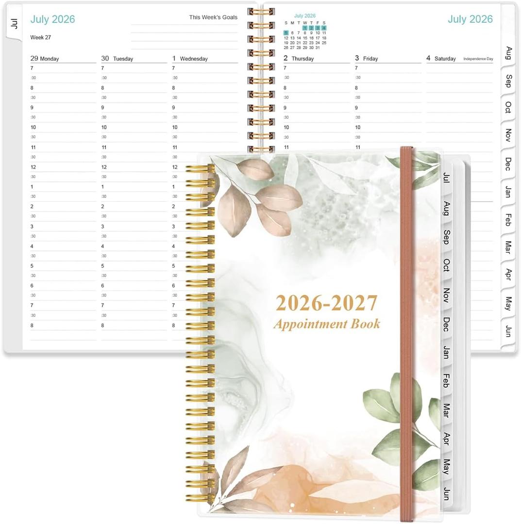 2026-2027 Appointment Book & Planner - 2026-2027 Daily Hourly Planner from July 2026 - June 2027, Weekly Appointment Book with 30-Minute Interval, Medium 6.4" x 8.5", Rose Leaf