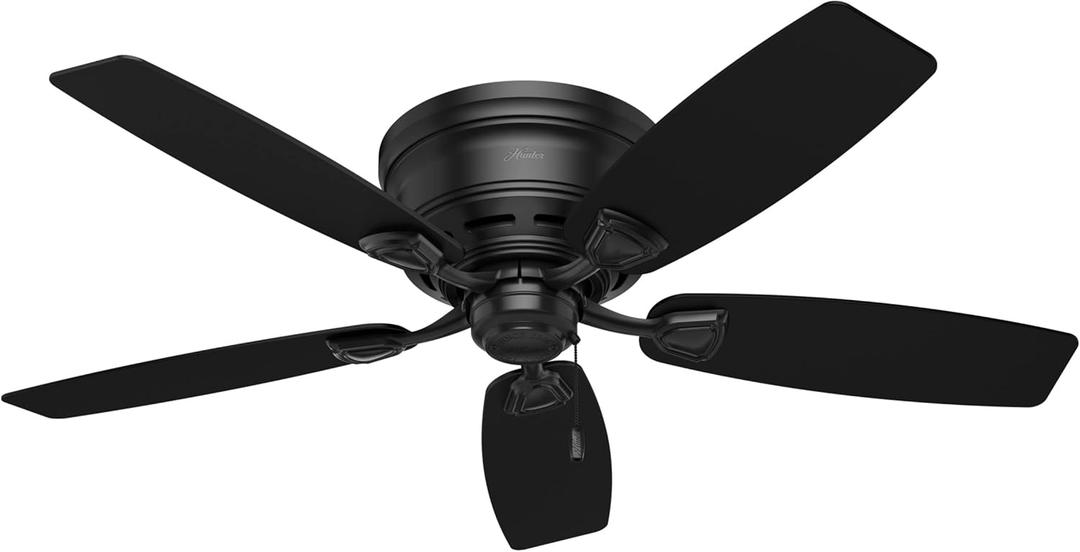 Hunter 48 inch Outdoor or Indoor Ceiling Fan No Light - Low Profile Mount, Black Ceiling Fan without Light, For Patio, Porch, Garage, or Living Room, 5 Blades, Pull Chain - Sea Wind 53118, Matte Black