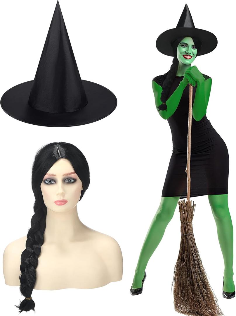 Mepase 2 Pcs Halloween Green Witch Costume Black Long Hair Wig and Black Witch Hat for Movie Halloween Adult Women Cosplay