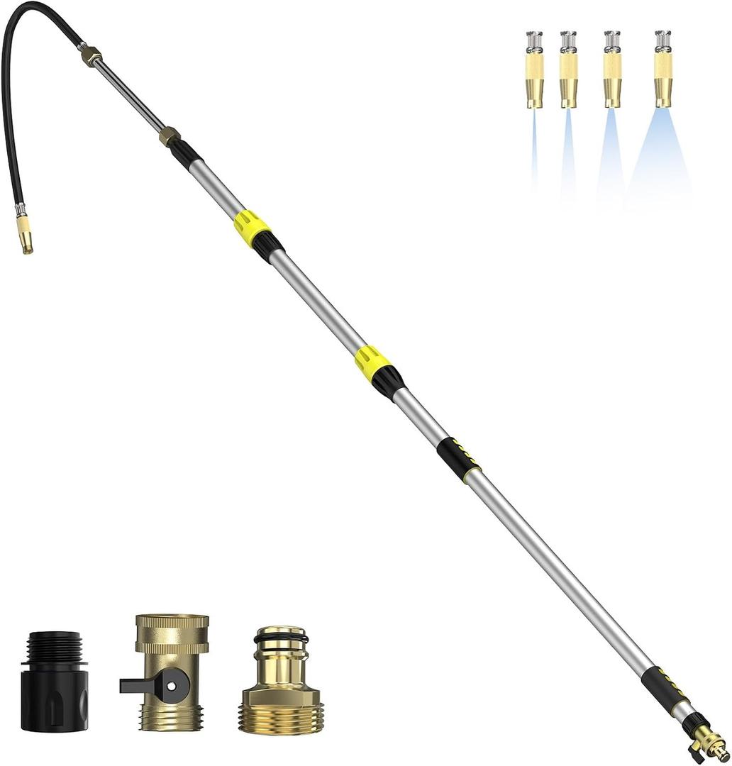 Buyplus 22FT Reach Telescoping Gutter Cleaning Tools 4-16FT Rain Gutter Cleaner Tools from Ground with 3/4" Brass Garden Hose Shut Off Valve, Bendable Flexible Water Wand for Garden Hose, Window