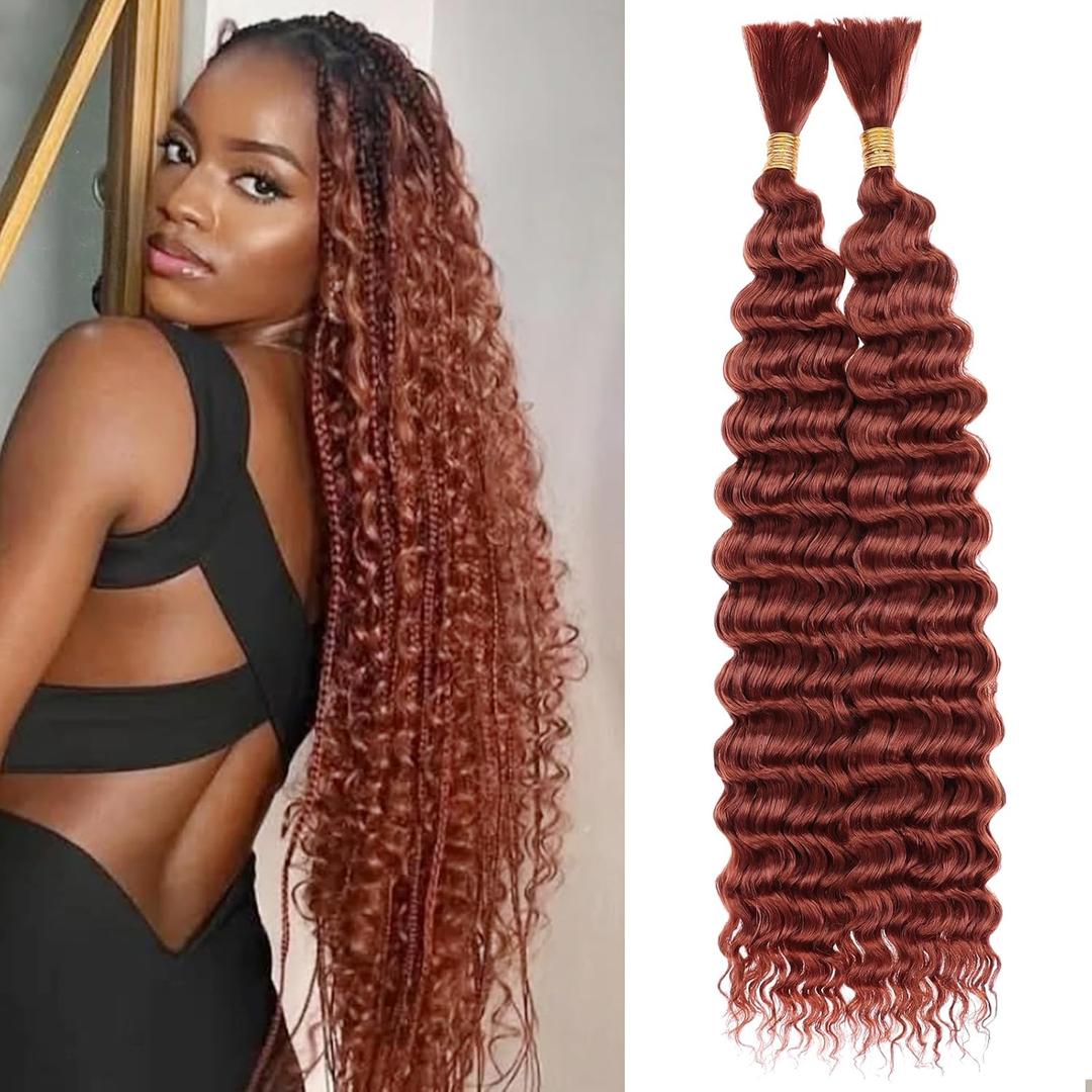 Leeven Curly Braiding Hair 18 Inch 2 Bundles Ginger Deep Water Wave Bulk Hair for Boho Braids No Weft Copper Red Long Wet and Wavy Braiding Hair for Women #350