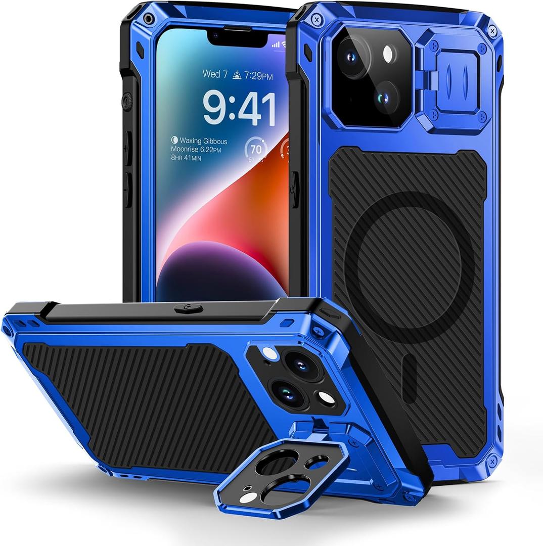 Lanhiem Magnetic for iPhone 14 Metal Case, [Built-in Camera Kickstand & Glass Screen Protector] Heavy Duty Shockproof Full Body Rugged Protective Magsafe Cover for iPhone 14 6.1" (Blue)