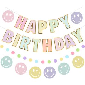 Pre-Strung Happy Birthday Banner, NO DIY Birthday Decorations with Circle Dot Garland and Preppies, Happy Birthday Party Decorations for Women Men Girls Boys (Pastel)
