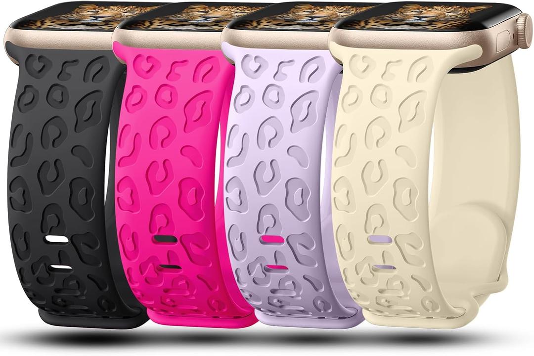 4Pack Leopard Engraved Bands Compatible with Apple Watch Band for women 38/40/41/42mm(Series 10), Soft Silicone Cheetah Sport Strap 