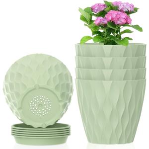 4 inch Small Plastic Nursery Pots, 5 Pack Water Ripples Plant Pots for Indoor Plants, Flower Pots with Drainage Holes and Saucers, Seeding Starter Planters for Decorative, Green