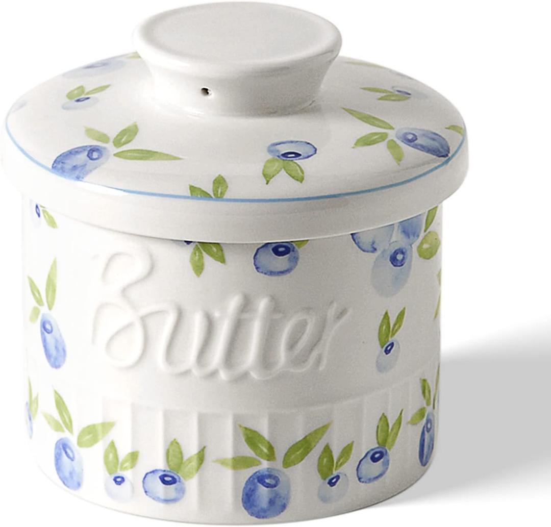 Toptier Butter Crock for Counter With Water Line, On Demand Spreadable Butter, Ceramic Butter Keeper to Leave On Counter, French Butter Dish with Lid (Yummy Blueberry)