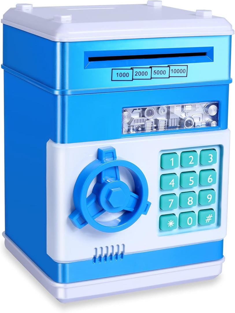 GuDoQi Piggy Bank for Boys Electronic Coin Money Bank Toy for 3 4 5 6 7 8 9 10 Year Old Children, Mini ATM Cash Coin Saving Box for Birthday Gifts Kids Age 3-10, Blue White