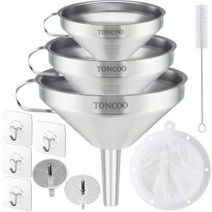 Toncoo 3 Pack Stainless Steel Funnels for Kitchen Use, Food Grade Cooking Funnel with 3 Strainer, Kitchen Funnel Set Metal Funnels for Filling Bottles
