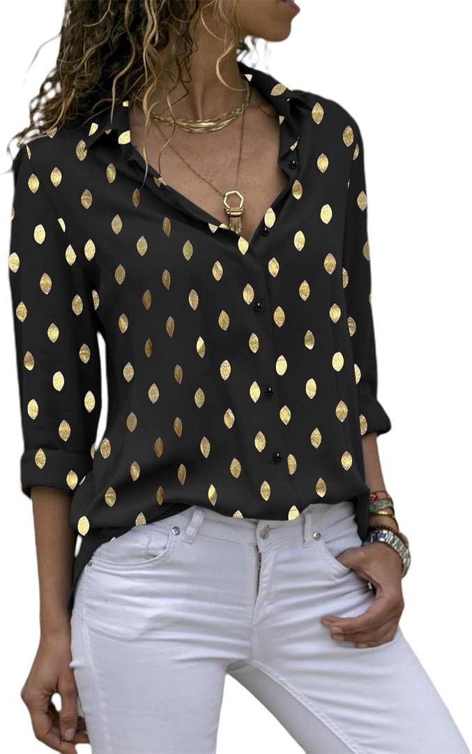 Avanova Women Gold Dot Print Long Sleeve Button Down Shirt Work Business Blouse Top Gold Dot Black XX-Large (XXL)