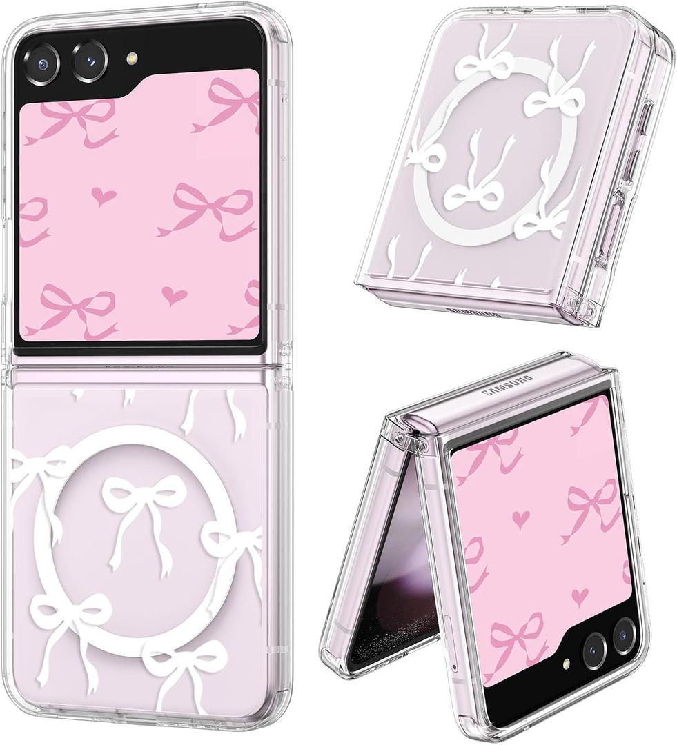 UEEBAI Magnetic for Samsung Galaxy Z Flip 5/6 5G Case, Bow Case Compatible with MagSafe, Wireless Slim Clear Ribbon Aesthetic Cover Anti-Yellowing Shockproof Protective Cover for Women Girl - White