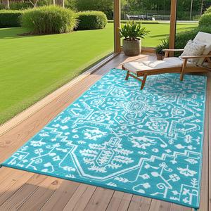 GAOMON 9x12 Boho Vintage Outdoor Rug Waterproof Patio Rug Vintage Floral Reversible Plastic Straw Picnic Rug Easy to Clean Portable Outside Carpet for Patio Backyard Beach Pool Side, Light Blue White