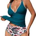 ZAFUL Womens Tankini Swimsuits V Neck Push Up Swim Top Color Block Tummy Control High Waisted Bathing Suits Swim Bottom (Blue, L)