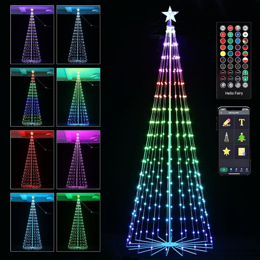 Outdoor LED Christmas Tree 7FT RGB Smart Cone Tree, 295 LED App & Remote Controlled Christmas Lights - DIY Light Show, Music Sync, Timer, IP44 Waterproof Yard Lawn Patio Holiday Decorations