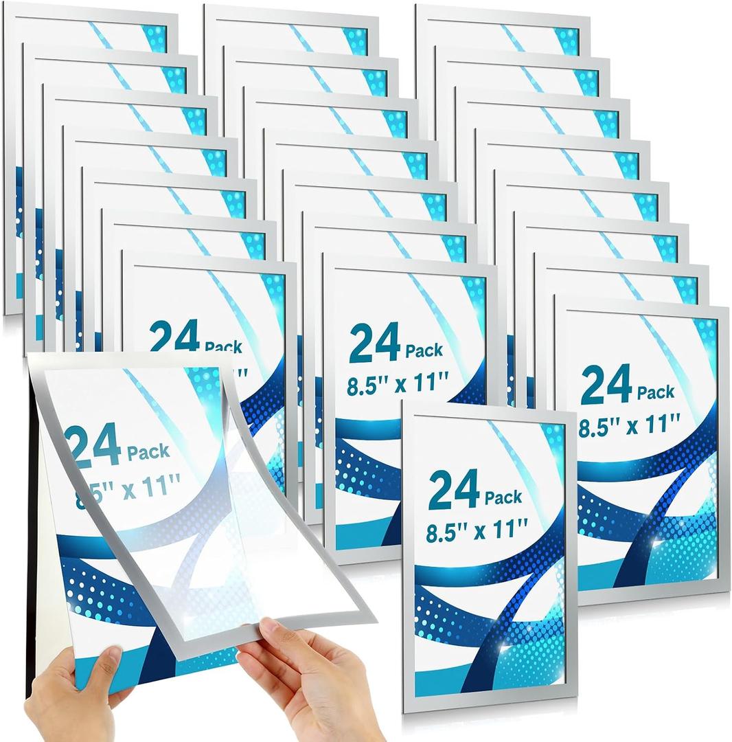 Leinuosen 24 Pcs 8. 5 x 11 Inch Magnetic Signs Holders Bulk Self Adhesive Picture Frames Document Holder Wall Mount for Windows Wall Door Home Office(Silver)