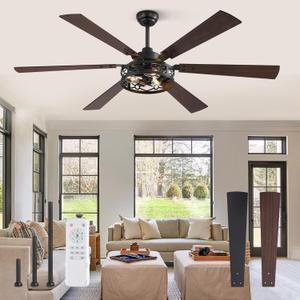 65 Inch Ceiling Fan with Lights, Farmhouse Caged Ceiling Fans with Remote, Black Industrial Ceiling Fans with Quiet Reversible DC Motor, Large Ceiling Fan for Living room, Bedroom (Black)