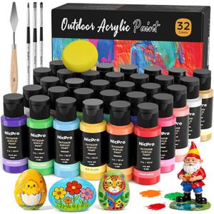 Nicpro 32 Colors Outdoor Acrylic Paint Bulk with Brush and Sponge, Knife, Non-Toxic Paint for Multi-surface Rock, Wood, Fabric, Leather, Crafts, Canvas, Shoes and Wall Painting (2 Fl Oz (Pack of 32))