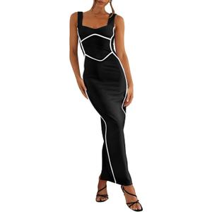 BTFBM Women Bodycon Maxi Dress Square Neck Sleeveless Contrast Binding Slit Cocktail Formal Wedding Guest Dresses 2025 (Medium, Black)