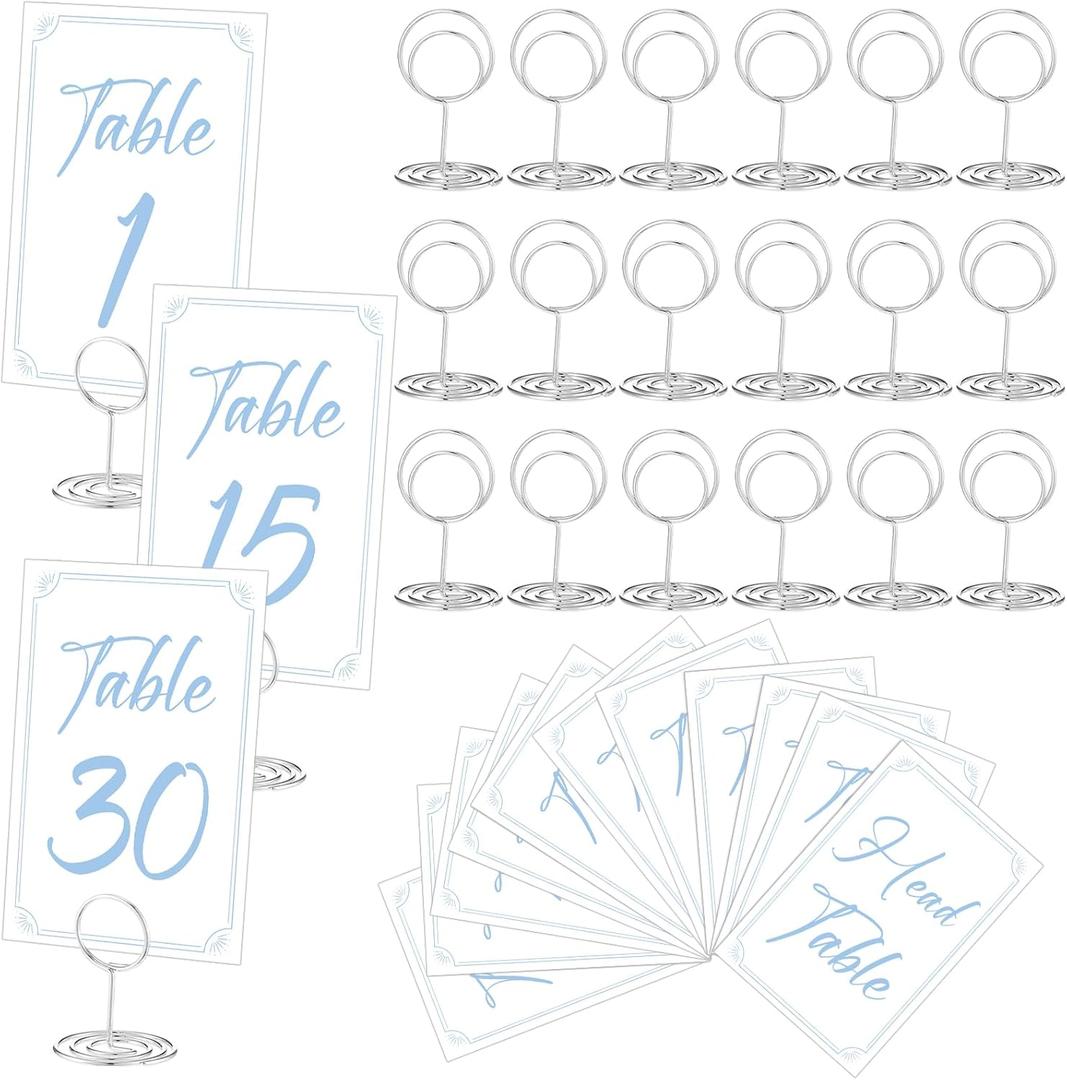 Thenshop 31 Sets Table Number Cards with Holders, 1-30 Numbers Head Table Card 2" Place Holder Stand for Wedding Anniversary Birthday Restaurant(Round,White, Blue)