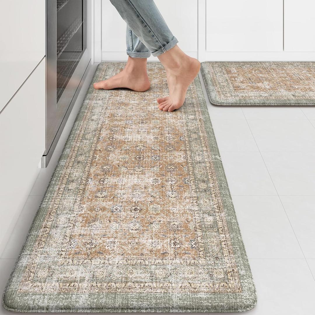 KIMODE Kitchen Mats for Floor 2 PCS, 17"x47"+17"x29" Boho Vintage Kitchen Rugs Non-Slip,Cushioned Anti Fatigue Mats for Kitchen Floor,Waterproof Kitchen Floor Mats, Sink, Laundry, Office, Desk Tan