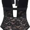 Verdusa Women's Y2K Floral Lace Sheer Halter Bodysuit Backless Sleeveless Night Out Leotard Tops, M