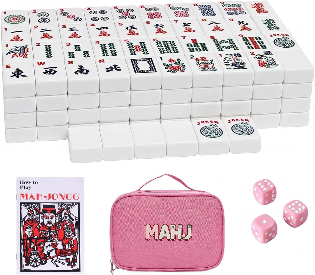 American Mahjong Tile Set, 166 White Mahjong Tiles 1.2 inch with Carrying Bag and 3 Dices, Portable Cute Mahjong Game for Travel, Family Game Night