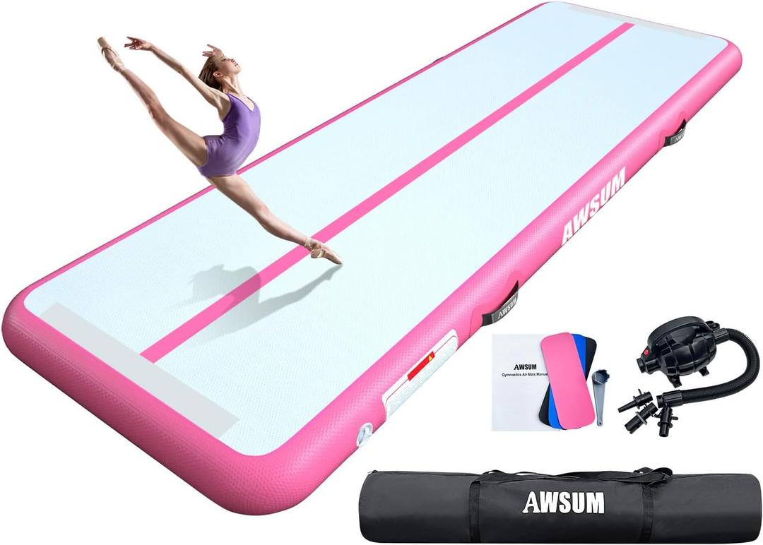 AWSUM Inflatable Air Gymnastics Mat 10ft/13ft/16ft/20ft/23ft Training mat 4/8 inches Thick tumbling mat with Electric Pump for Home/Gym/Outdoor (Pink/Pink, 10ft)