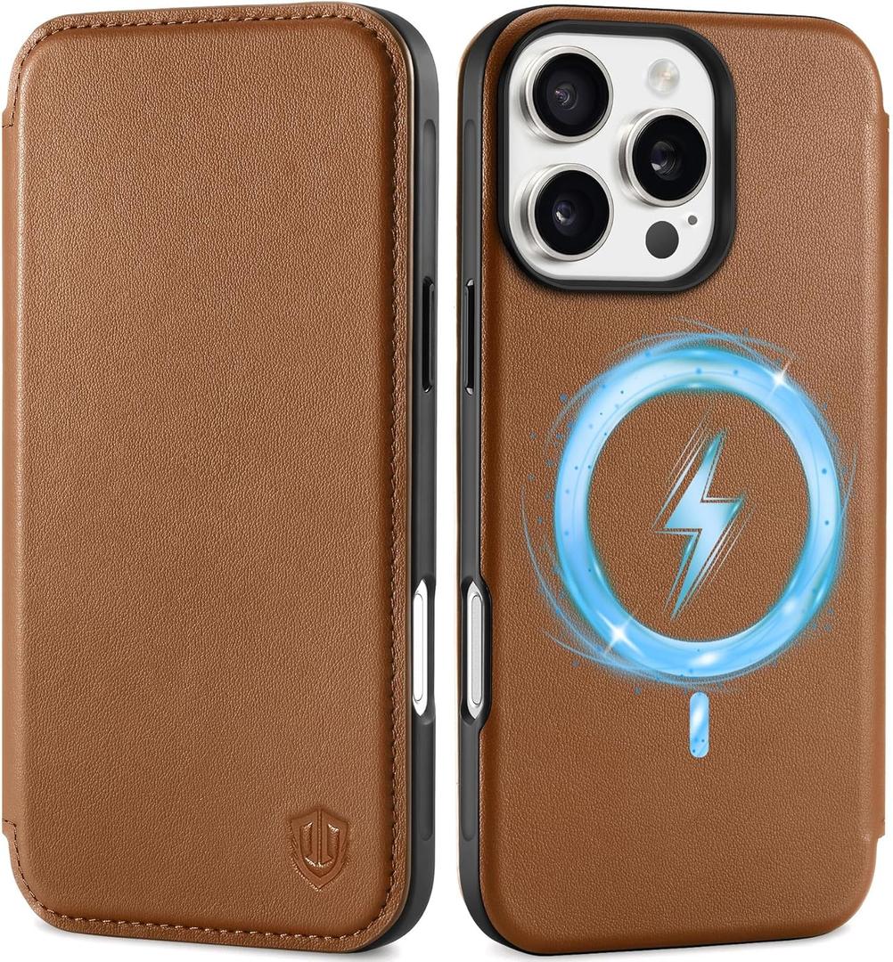 SHIELDON Slim Wallet Case for iPhone 16 Pro Max 6.9", Genuine Leather Slim Folio Magnetic Wireless Charging Card Holder Shock-Absorbent Cover Compatible with iPhone 16 Pro Max - Saddle Brown