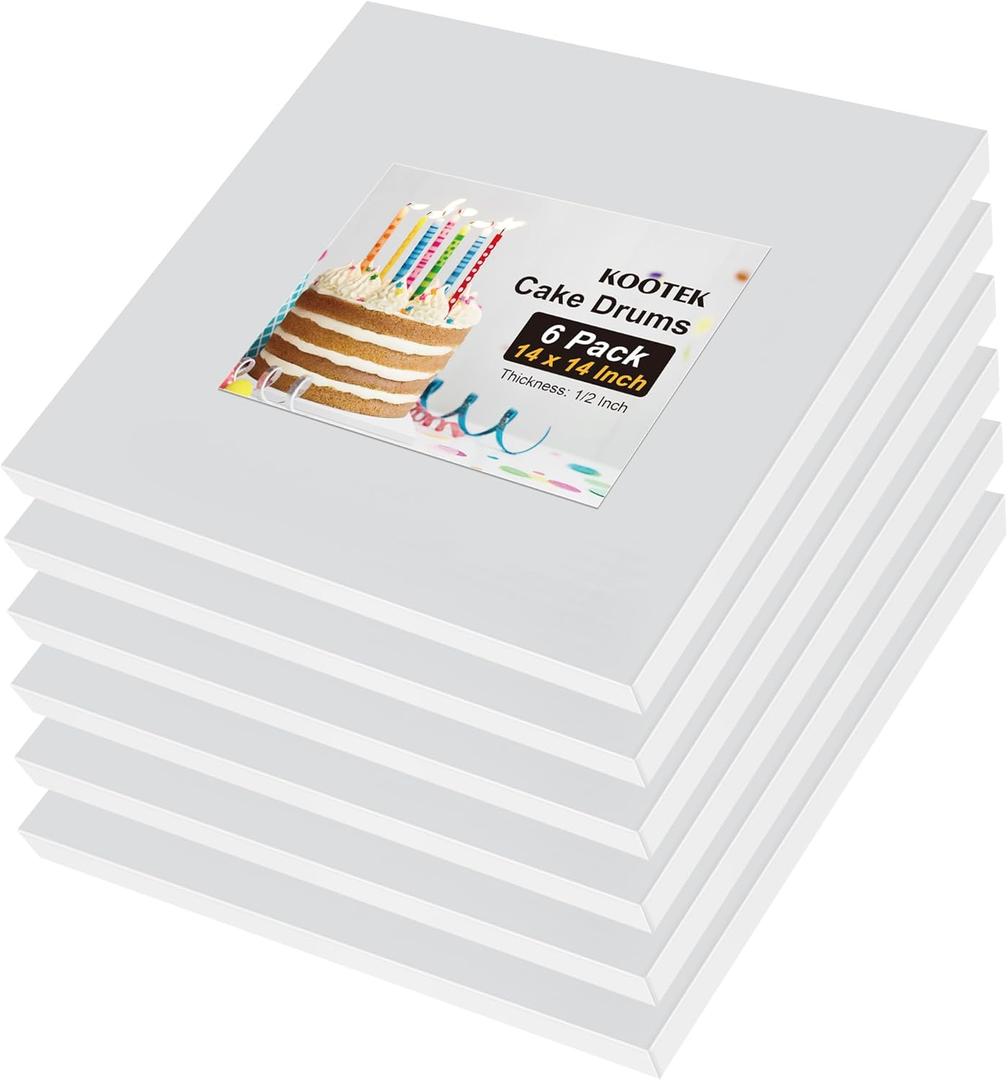 Kootek 14 Inch Square Cake Drums, 1/2 Inch Thick Sturdy Boards with Fully Wrapped Edges, Heavy Duty Corrugated Cardboard Base for Decorating Baking Supplies, Base para Pastel, 6 Pack