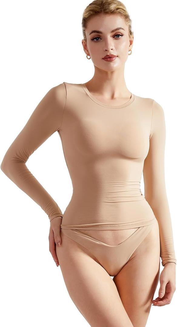 SUUKSESS Women Double Lined Fitted Basic T Shirts Crew Neck Long Sleeve Crop Top (Medium, Champagne)