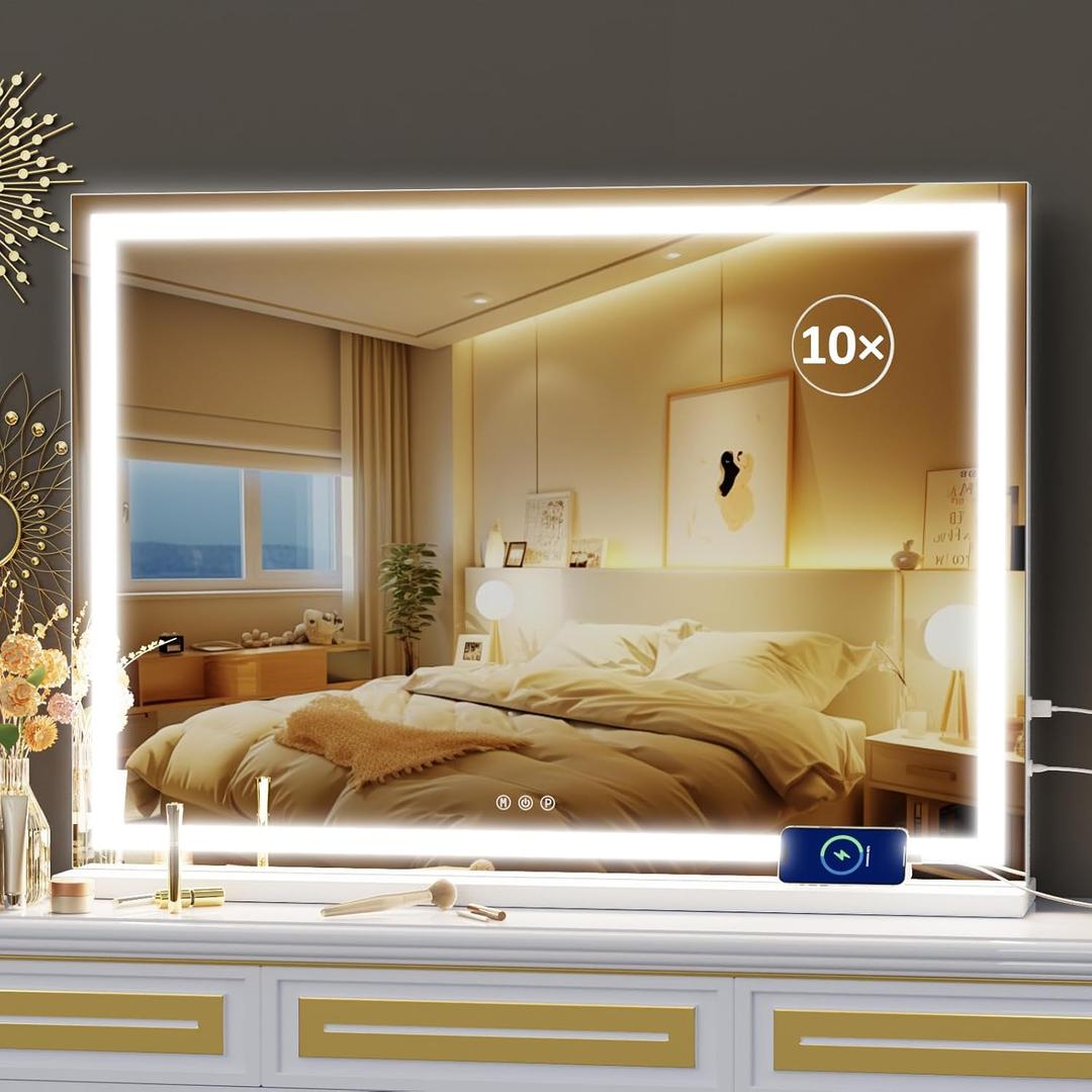 Makeup Vanity Mirror with USB Charging Port 28" x 22" Large LED Makeup Mirror, Desk Mirorr with Lights, Light up Mirror with 10X Magnification and, Dimmable 3 Modes, Touch Control White (22"L x 28"W, Square White Led)
