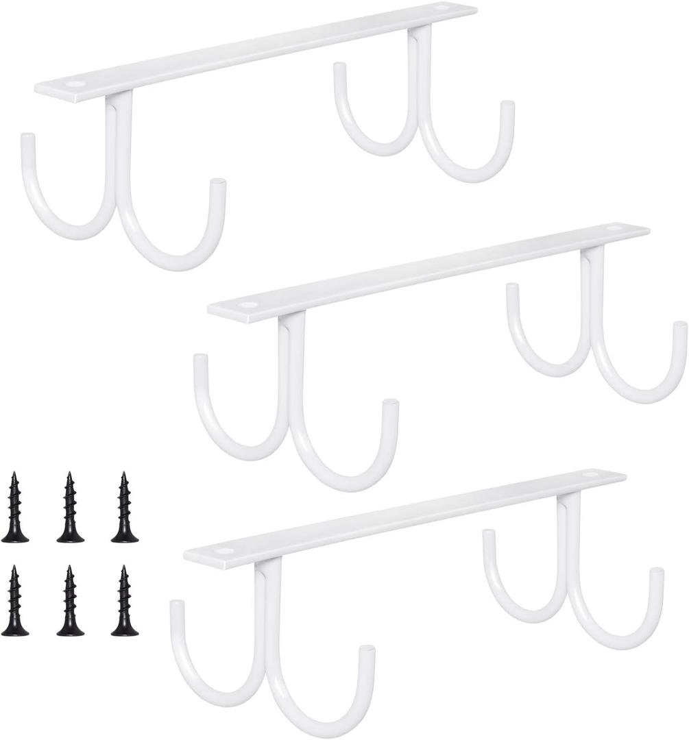 MOCOUM Under Cabinet Mug Rack, Rustic Mug Organizer Rack Cup Holder Under Shelf 12 Hanging Hooks Rack for Mugs, Coffee Cups and Kitchen Utensils Display (White-3 Pack-12 Hooks)